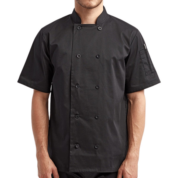 Artisan Collection by Reprime Unisex Short Sleeve Recycled Chef Coat, Black, Front view