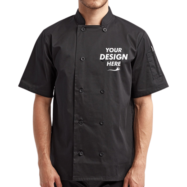 Artisan Collection by Reprime Unisex Short Sleeve Recycled Chef Coat, Black, Front view, Mockup