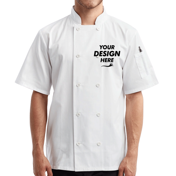 Artisan Collection by Reprime Unisex Short Sleeve Recycled Chef Coat, White, Front view, Mockup