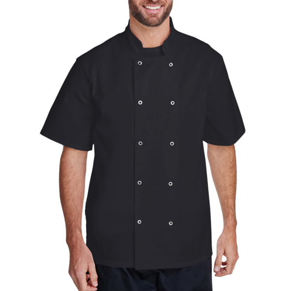 Artisan Collection by Reprime Unisex Ten Studded Front Short Sleeve Chef Coat, Black, Front view