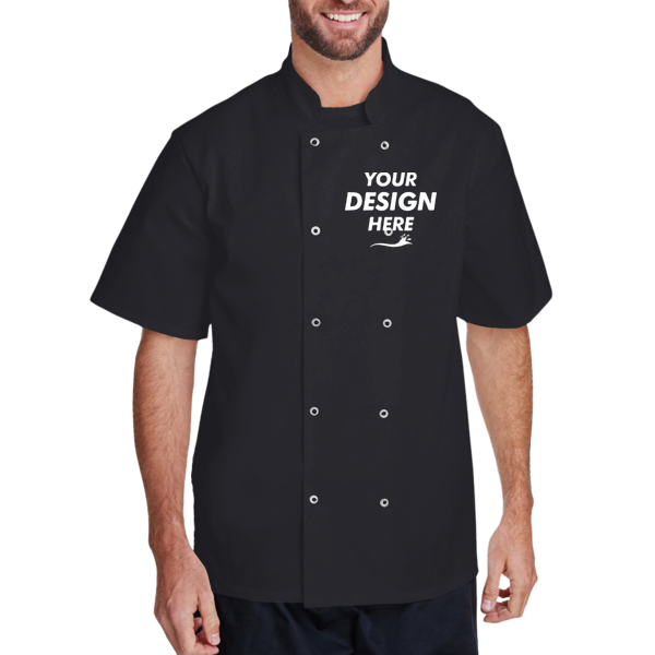 Artisan Collection by Reprime Unisex Ten Studded Front Short Sleeve Chef Coat, Black, Front view, Mockup