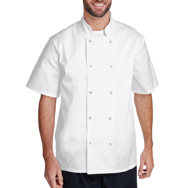 Artisan Collection by Reprime Unisex Ten Studded Front Short Sleeve Chef Coat, White, Front view