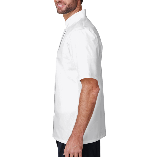 Artisan Collection by Reprime Unisex Ten Studded Front Short Sleeve Chef Coat, White, Left Sleeve view