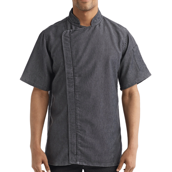 Artisan Collection by Reprime Unisex Zip-Close Short Sleeve Chef's Coat, Black Denim, Front view