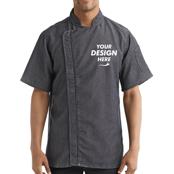 Artisan Collection by Reprime Unisex Zip-Close Short Sleeve Chef's Coat, Black Denim, Front view, Mockup
