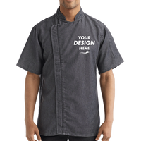Artisan Collection by Reprime Unisex Zip-Close Short Sleeve Chef's Coat, Black Denim, Front view, Mockup