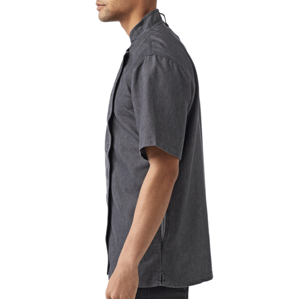 Artisan Collection by Reprime Unisex Zip-Close Short Sleeve Chef's Coat, Black Denim, Left Sleeve view
