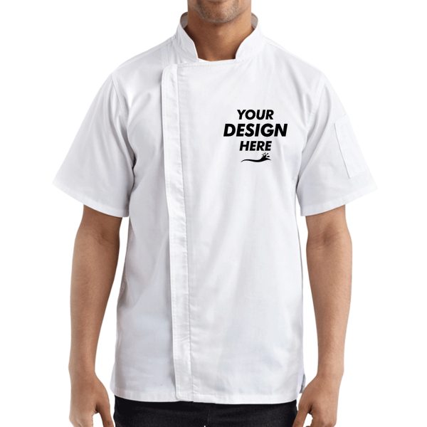 Artisan Collection by Reprime Unisex Zip-Close Short Sleeve Chef's Coat, White, Front view, Mockup