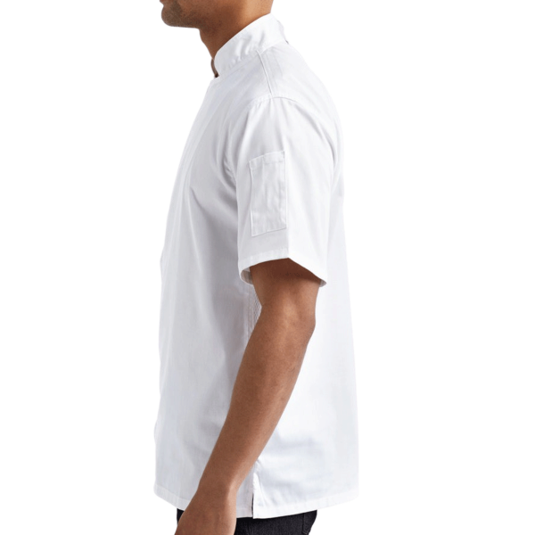 Artisan Collection by Reprime Unisex Zip-Close Short Sleeve Chef's Coat, White, Left Sleeve view