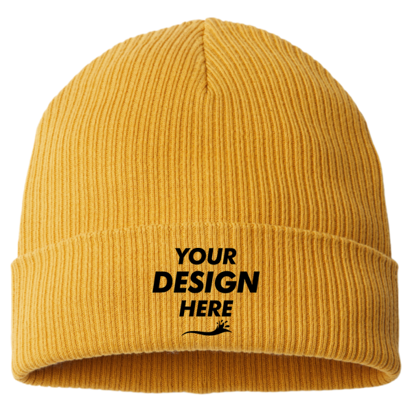 Atlantis Headwear Sustainable Cuffed Beanie, Mustard Yellow, Front view, Mockup