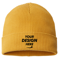 Atlantis Headwear Sustainable Cuffed Beanie, Mustard Yellow, Front view, Mockup