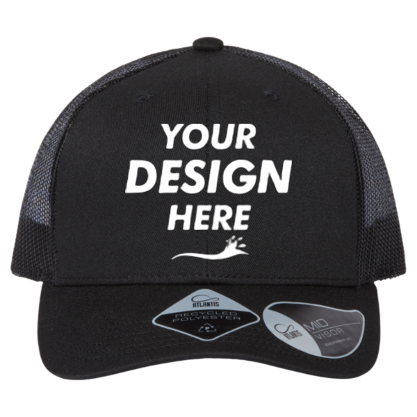 Atlantis Headwear Sustainable Trucker Cap, Black / Black, Front view, Mockup