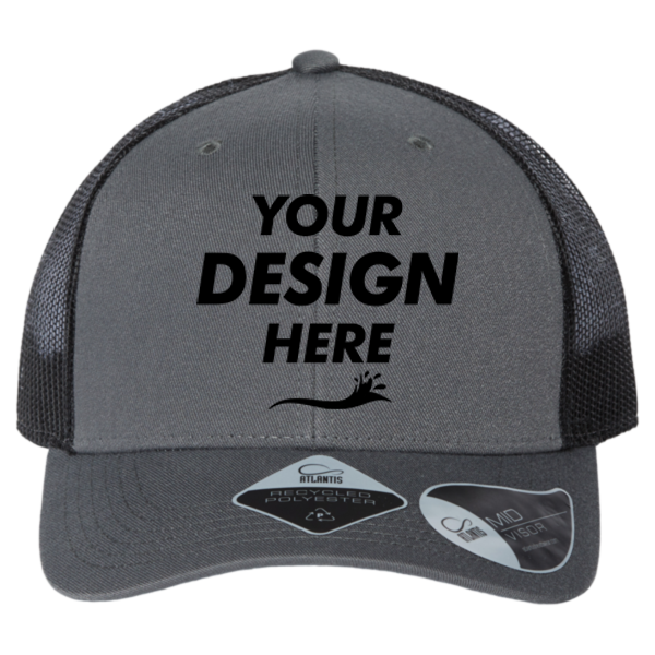 Atlantis Headwear Sustainable Trucker Cap, Dark Grey / Black, Front view, Mockup