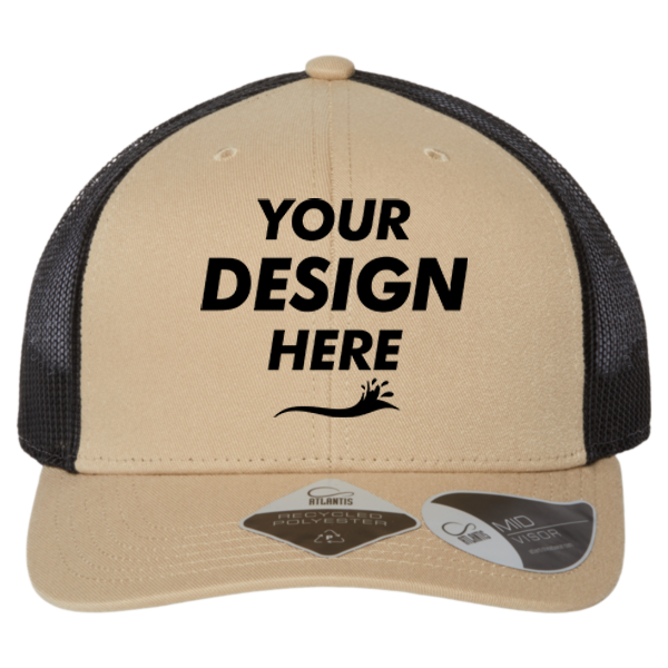 Atlantis Headwear Sustainable Trucker Cap, Khaki / Black, Front view, Mockup