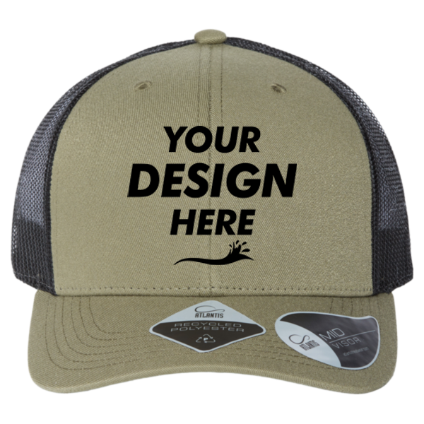 Atlantis Headwear Sustainable Trucker Cap, Olive / Black, Front view, Mockup