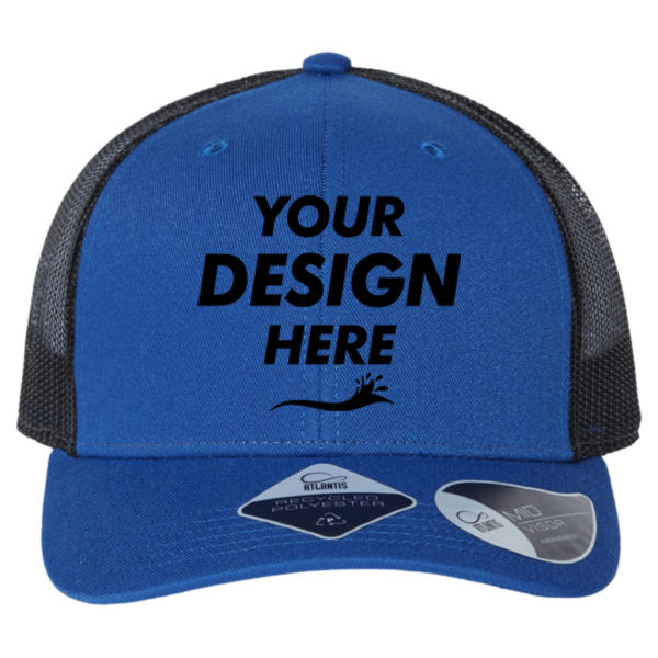 Atlantis Headwear Sustainable Trucker Cap, Royal / Black, Front view, Mockup