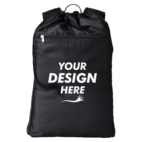 BAGedge Getaway Cinchback Travel Backpack, Black, Front view, Mockup