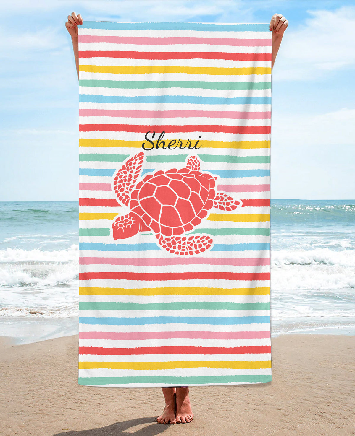 Personalized Striped Turtle Patterned Beach Towel, Colorful Standart Beach Towel, Colorful Premium Beach Towel
