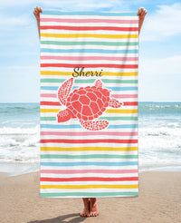 Personalized Striped Turtle Patterned Beach Towel, Colorful Standart Beach Towel, Colorful Premium Beach Towel