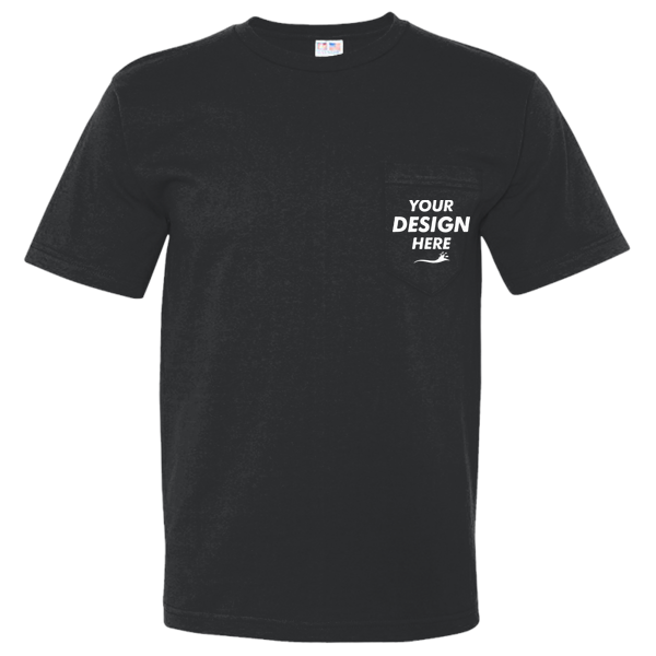Bayside Unisex USA-Made Midweight Pocket T-Shirt, Black, Front view, Mockup