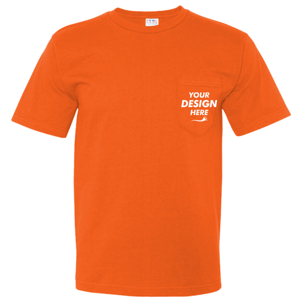 Bayside Unisex USA-Made Midweight Pocket T-Shirt, Bright Orange, Front view, Mockup
