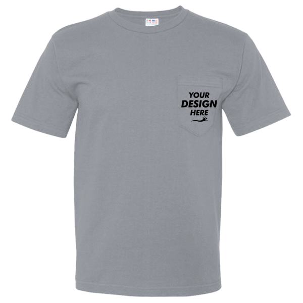 Bayside Unisex USA-Made Midweight Pocket T-Shirt, Dark Ash, Front view, Mockup