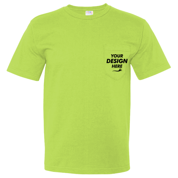Bayside Unisex USA-Made Midweight Pocket T-Shirt, Lime Green, Front view, Mockup