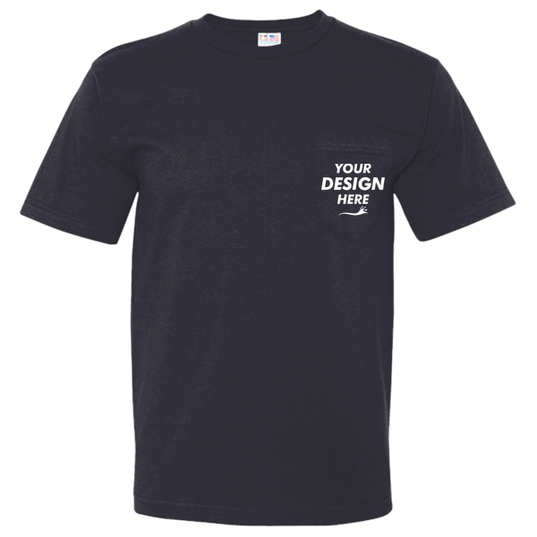 Bayside Unisex USA-Made Midweight Pocket T-Shirt, Navy, Front view, Mockup