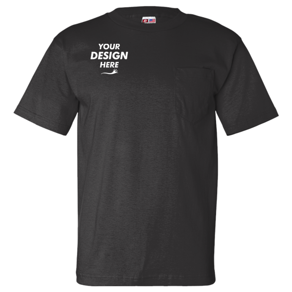 Bayside Unisex USA-Made Pocket T-Shirt, Black, Front view, Mockup