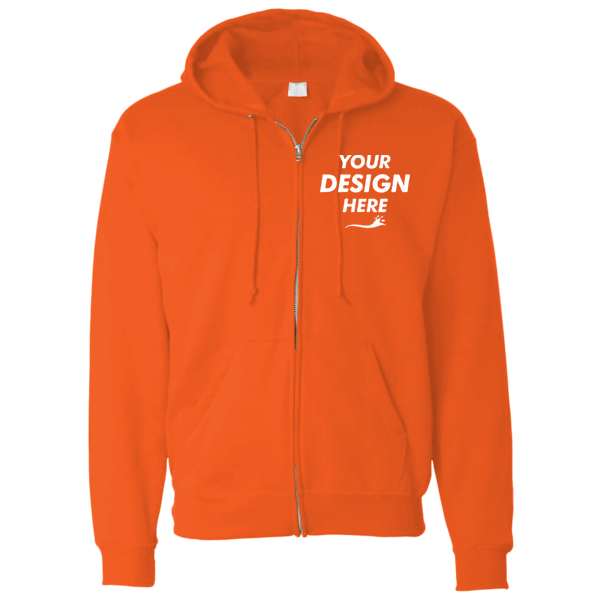 Bayside Unisex USA-Made Super Heavy Thermal Lined Full-Zip Hooded Sweatshirt, Bright Orange / Dark Grey, Front view, Mockup