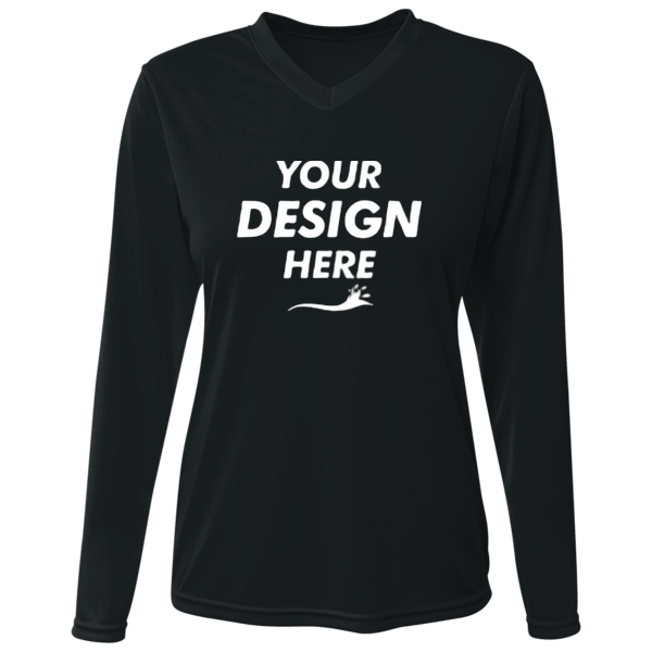 Bayside Women's USA-Made Deep V-Neck Long Sleeve T-Shirt, Black, Front view, Mockup