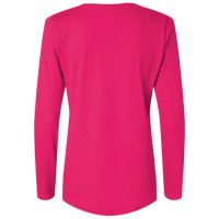 Bayside Women's USA-Made Deep V-Neck Long Sleeve T-Shirt, Bright Pink, Back view