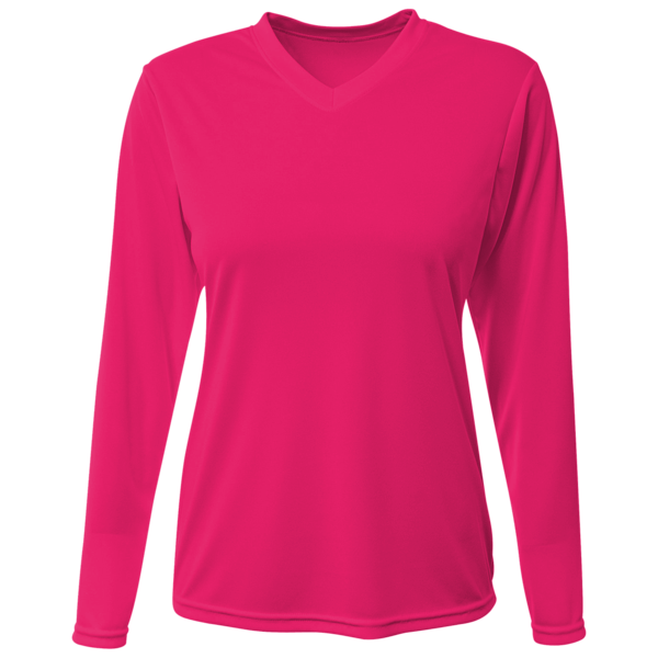 Bayside Women's USA-Made Deep V-Neck Long Sleeve T-Shirt, Bright Pink, Front view