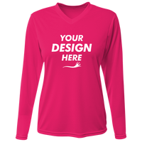 Bayside Women's USA-Made Deep V-Neck Long Sleeve T-Shirt, Bright Pink, Front view, Mockup