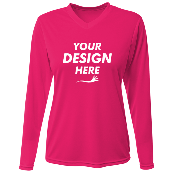 Bayside Women's USA-Made Deep V-Neck Long Sleeve T-Shirt, Bright Pink, Front view, Mockup