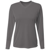 Bayside Women's USA-Made Deep V-Neck Long Sleeve T-Shirt, Charcoal, Front view