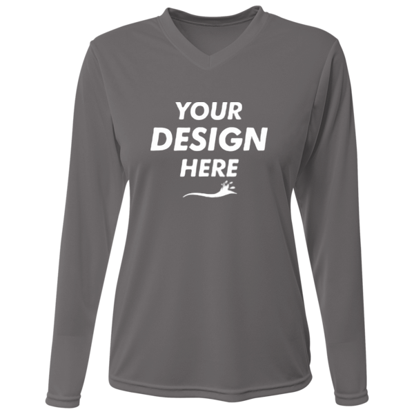 Bayside Women's USA-Made Deep V-Neck Long Sleeve T-Shirt, Charcoal, Front view, Mockup