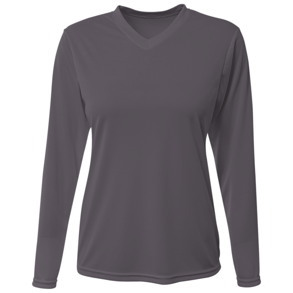 Bayside Women's USA-Made Deep V-Neck Long Sleeve T-Shirt, Heather Charcoal, Front view