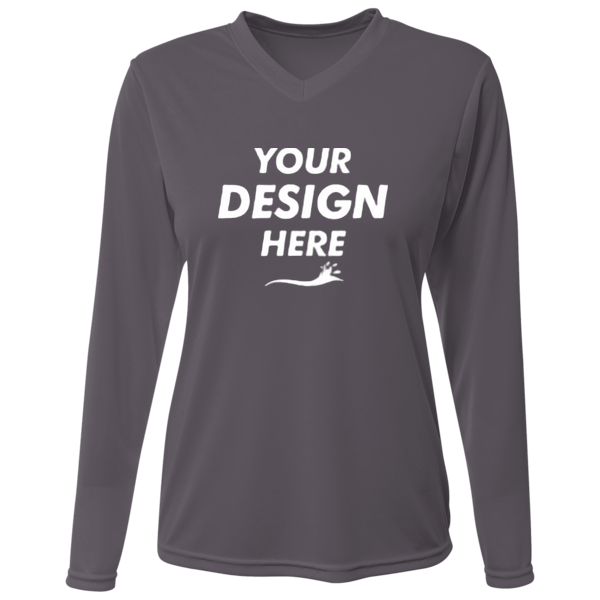Bayside Women's USA-Made Deep V-Neck Long Sleeve T-Shirt, Heather Charcoal, Front view, Mockup