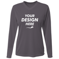 Bayside Women's USA-Made Deep V-Neck Long Sleeve T-Shirt, Heather Charcoal, Front view, Mockup