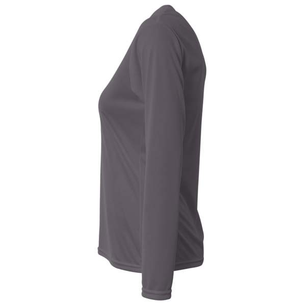 Bayside Women's USA-Made Deep V-Neck Long Sleeve T-Shirt, Heather Charcoal, Left Sleeve view