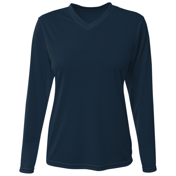 Bayside Women's USA-Made Deep V-Neck Long Sleeve T-Shirt, Navy, Front view