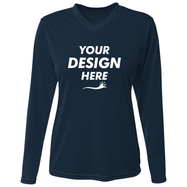 Bayside Women's USA-Made Deep V-Neck Long Sleeve T-Shirt, Navy, Front view, Mockup