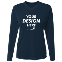 Bayside Women's USA-Made Deep V-Neck Long Sleeve T-Shirt, Navy, Front view, Mockup