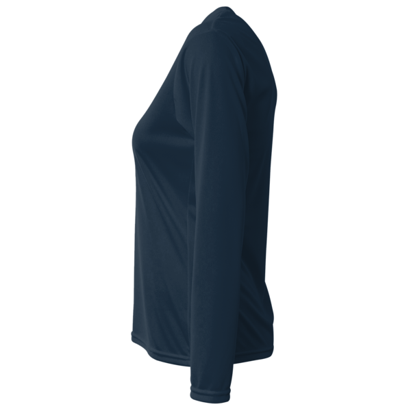 Bayside Women's USA-Made Deep V-Neck Long Sleeve T-Shirt, Navy, Left Sleeve view