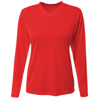 Bayside Women's USA-Made Deep V-Neck Long Sleeve T-Shirt, Red, Front view