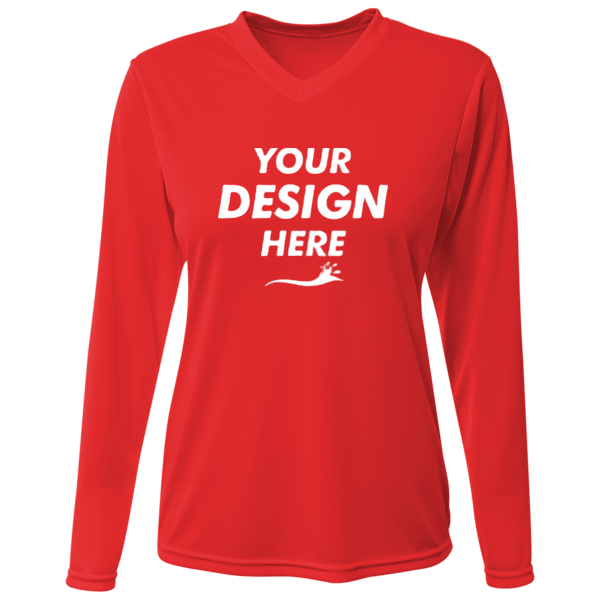 Bayside Women's USA-Made Deep V-Neck Long Sleeve T-Shirt, Red, Front view, Mockup