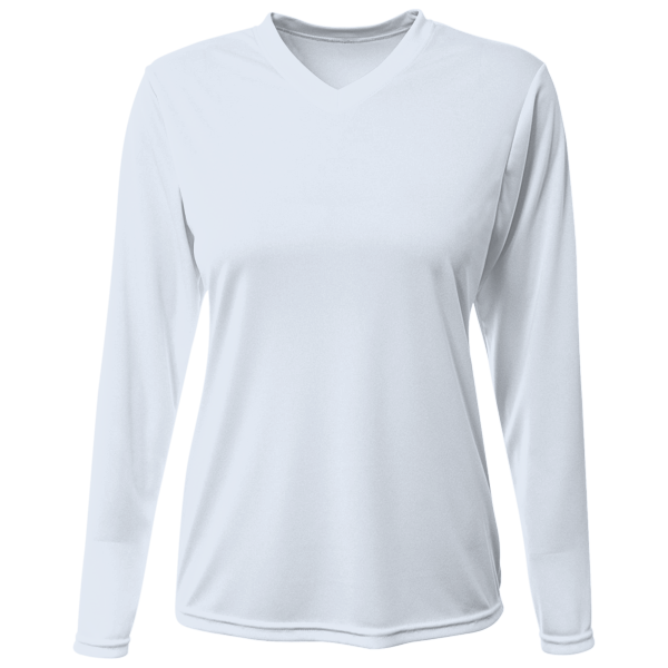 Bayside Women's USA-Made Deep V-Neck Long Sleeve T-Shirt, White, Front view