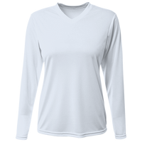 Bayside Women's USA-Made Deep V-Neck Long Sleeve T-Shirt, White, Front view