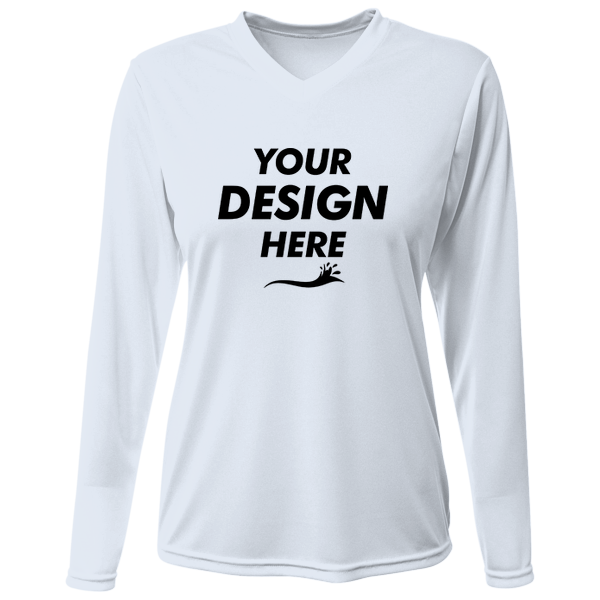 Bayside Women's USA-Made Deep V-Neck Long Sleeve T-Shirt, White, Front view, Mockup